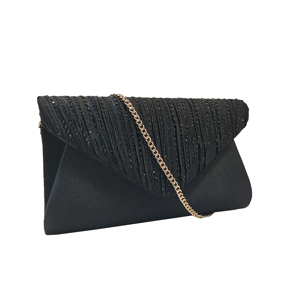 Zijaanzicht van de Zwarte Glamour clutch met pailletten versierde klep