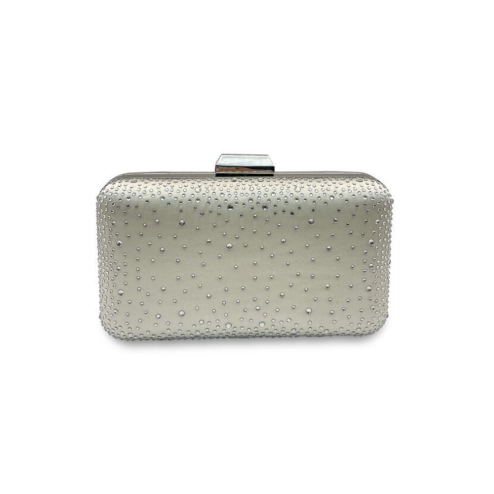 Zilverkleurige Avond clutch versierd met halve bolletjes in druppel effect