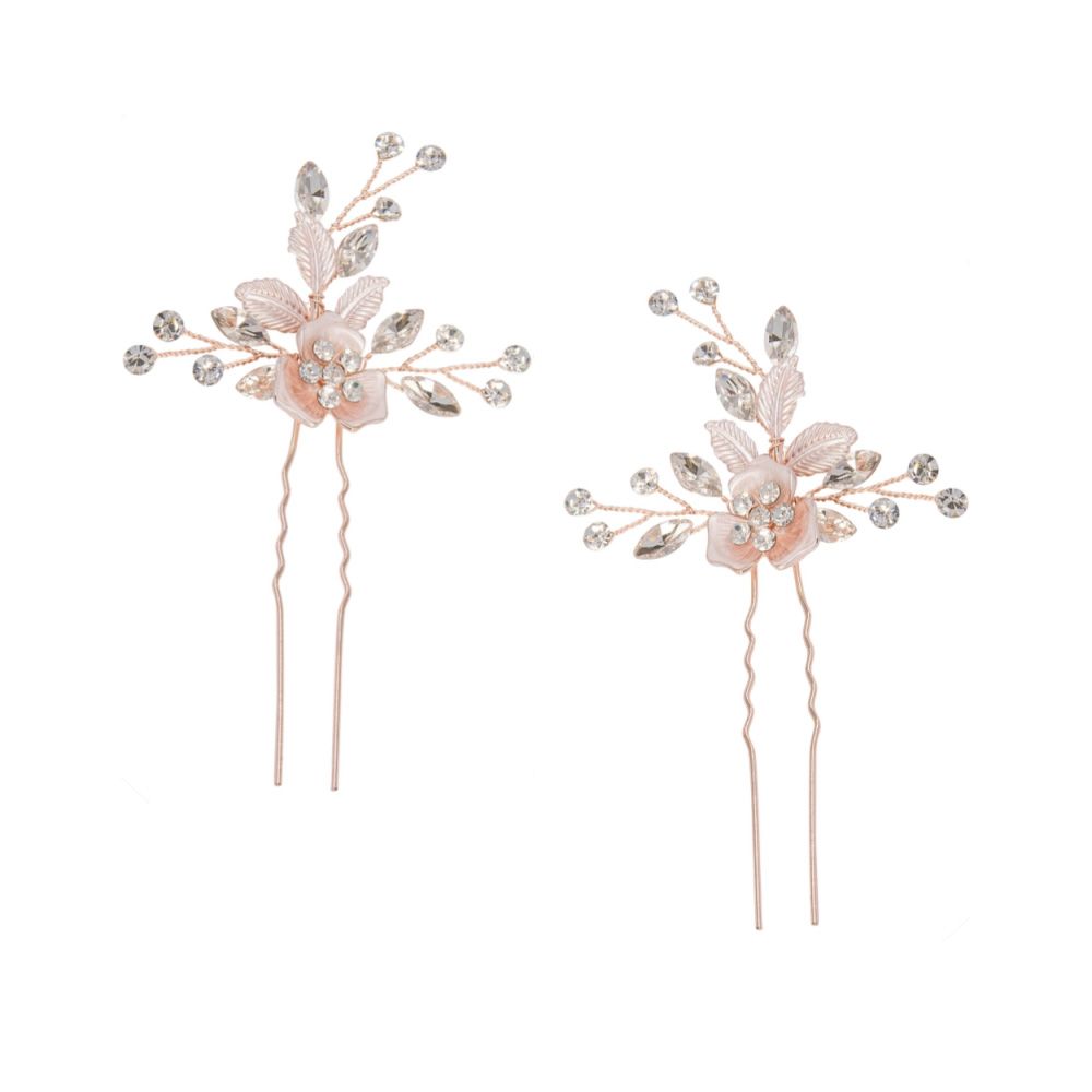 Rose goud Bloemen haarspeld met kristallen en parels