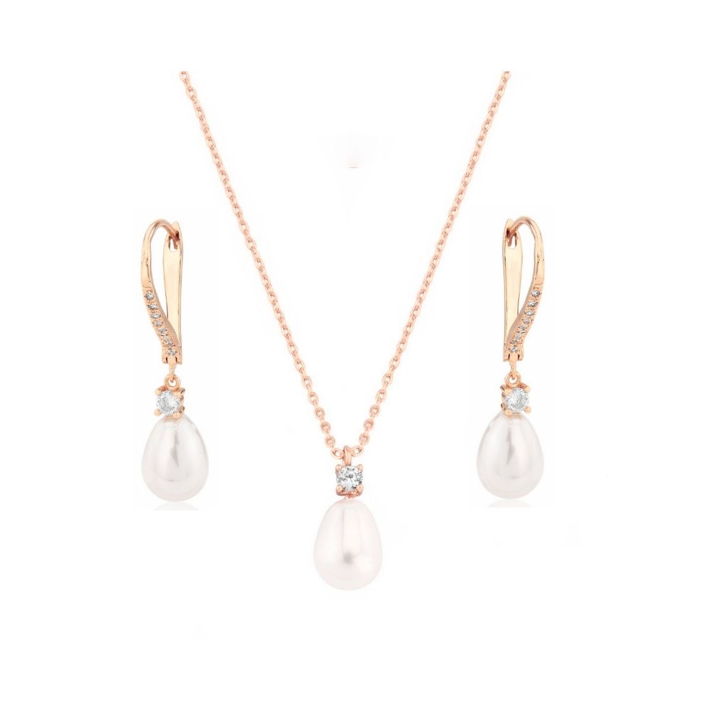 Vintage style rose goudkleurige ketting en oorbellen set parels en kristallen