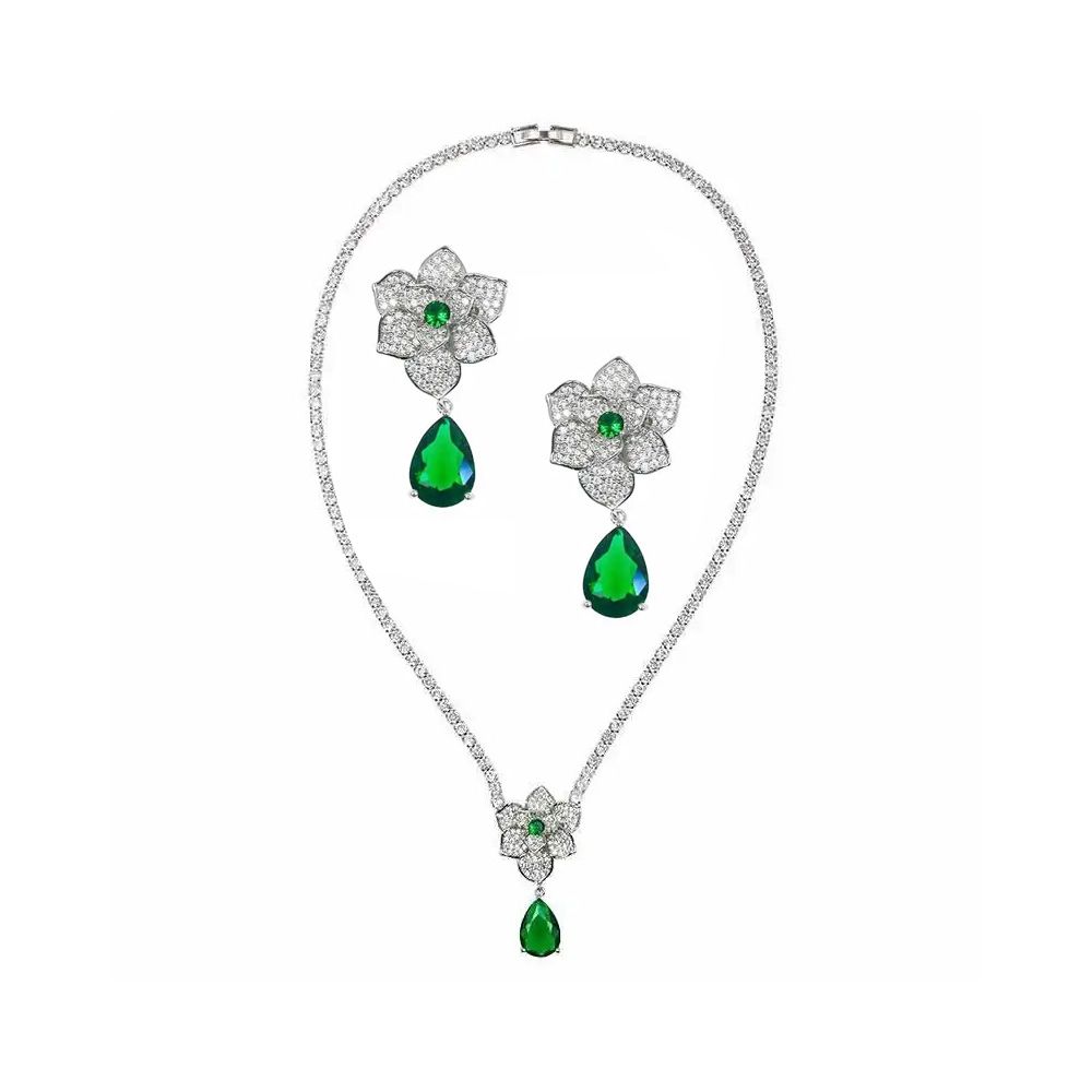 Vintage look bloemen sieraden set met smaragdgroene kristallen