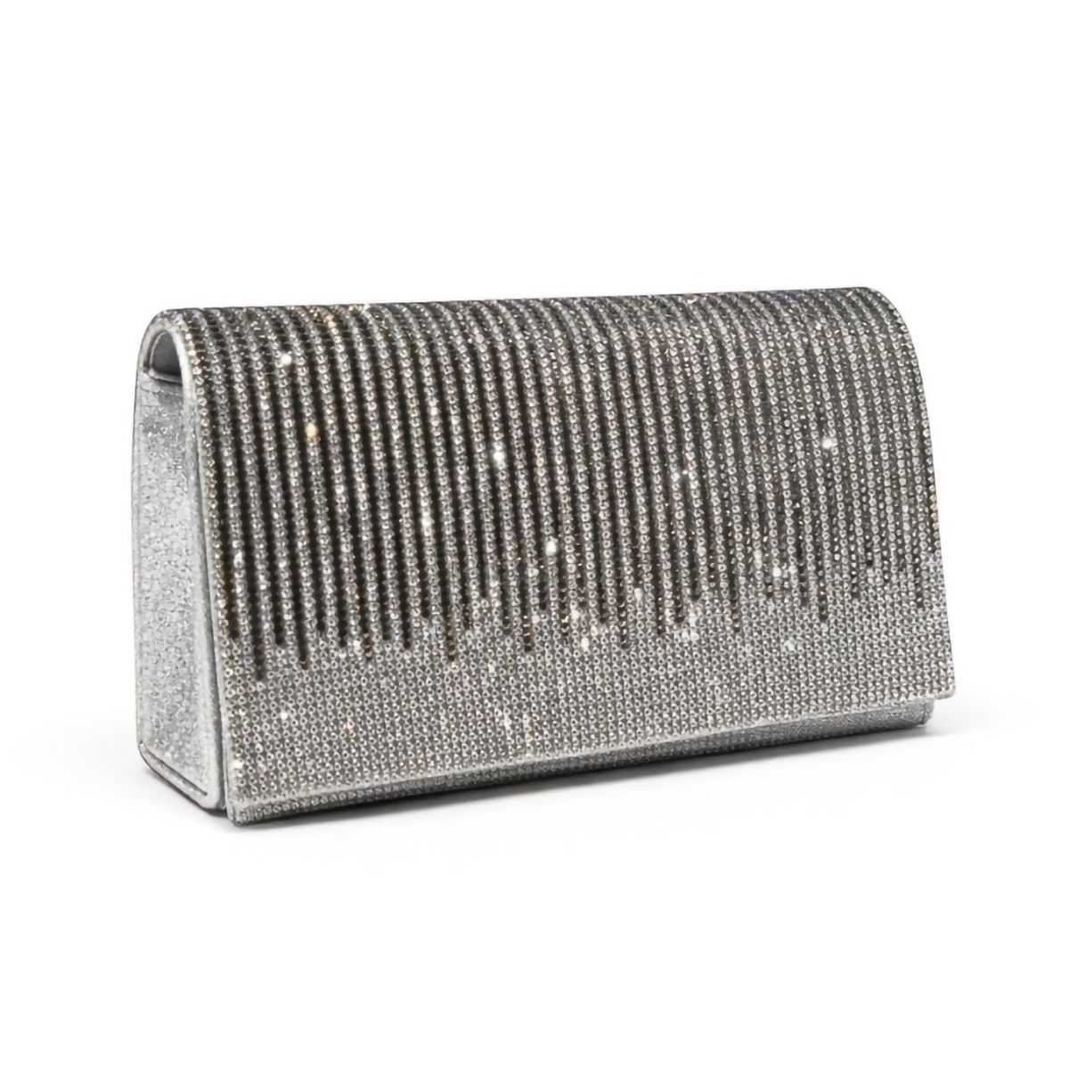 Zijaanzicht van de Zilverkleurige Glitter enveloptas bedekt met schitterende steentjes