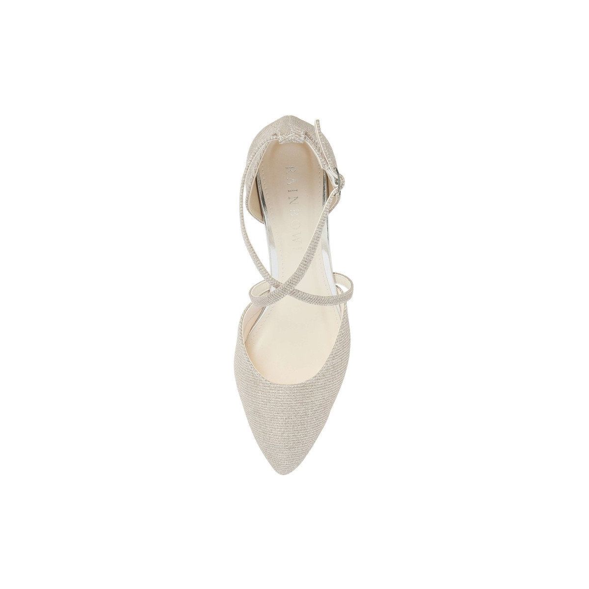 Champagnekleurige metallic bruidsschoen met gekruiste bandjes, een blokhak van 3,5 cm en verstelbare enkelband, bovenaanzicht