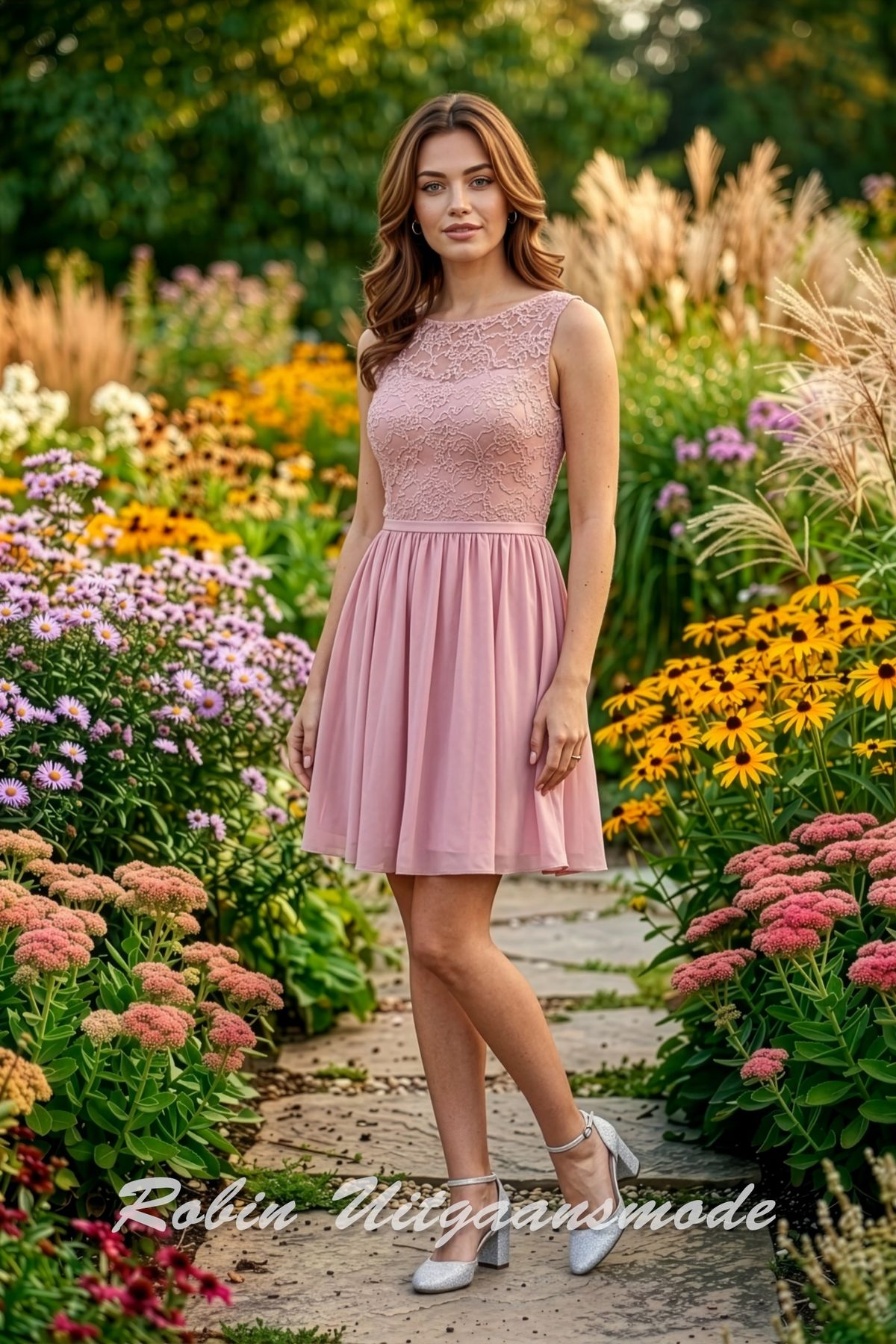 Lichtroze Korte galajurk met kant bedekt heartshape lijfje, een boothalslijn en chiffon rok