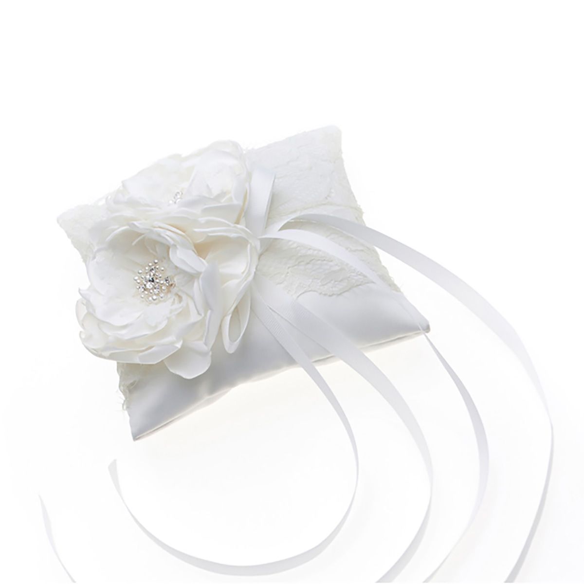 Ringkussen met twee bloemen en hartjes van strass steentjes