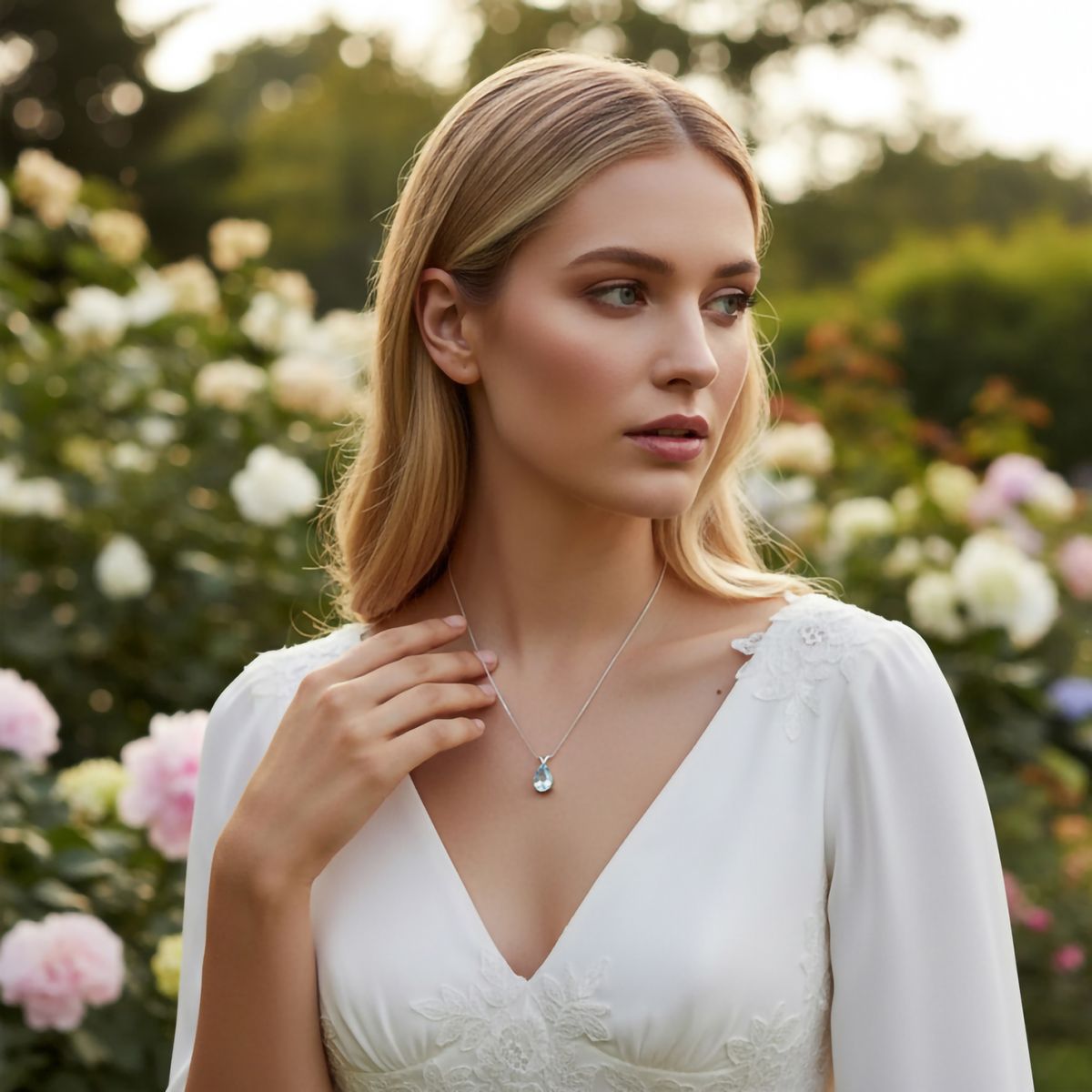 Ketting met aqua blauwe kristal hanger, gedragen door een model