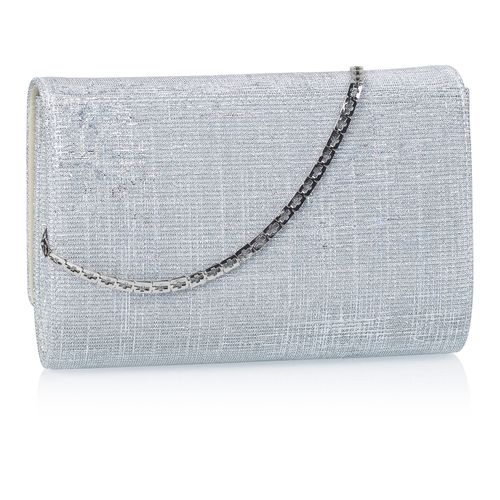 Achterkant van de Zilverkleurige kleine metallic clutch met glitter afwerking
