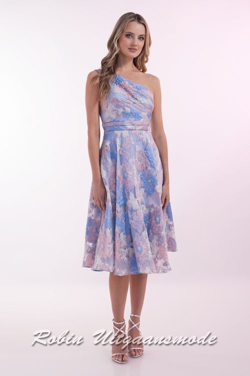 Multi-kleur One-shoulder cocktailjurk met fleurige print, schuinlopende lijfje en kort rok tot over de knie