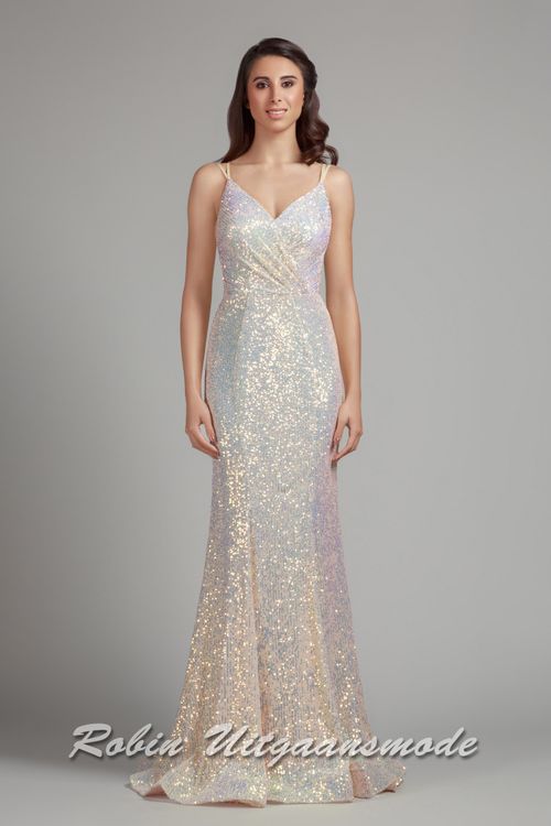 Fishtail glitterjurk met gedrapeerde V-hals, smalle bandjes en een rugdecolleté