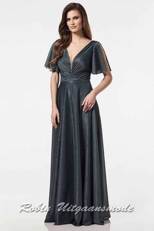 Donkergroene Glitterjurk met open mouwtjes, een illusie diepe V-hals, bedekte schouders en een lange rok