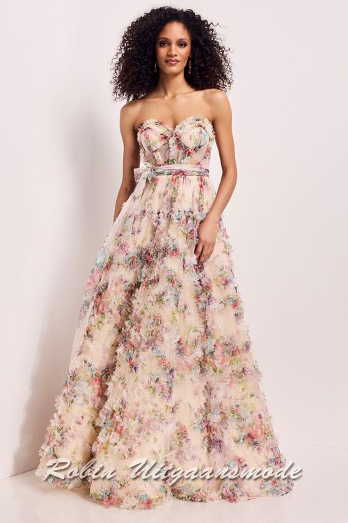 Fleurige print strapless galajurk met ruches cirkelrok en een korset lijfje met heartshape halslijn