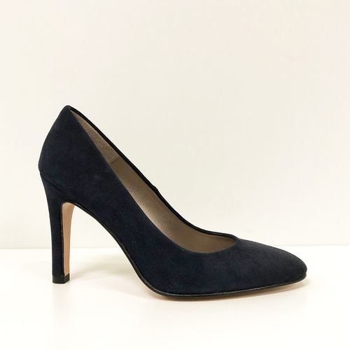Navy blauwe pumps van suède met hoge hak, zijkant