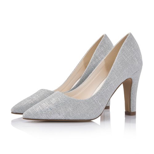 Modieuze zilver metallic pump met elegante neus en hoge hak, een paar