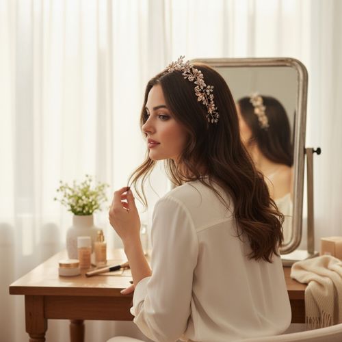 Romantische bloemen haarband met parels en kristallen, gedragen door een model