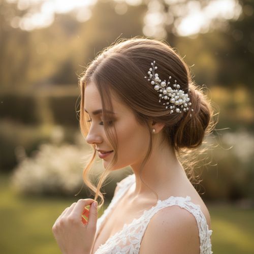 Bruidsclip met parels voor in het haar, gedragen door een model, zijaanzicht