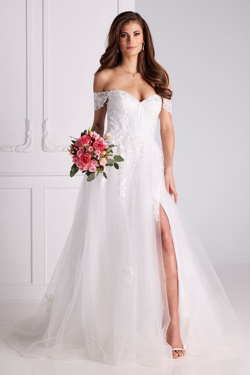 Off-shoulder trouwjurk met A-lijn tule rok en kanten lijfje