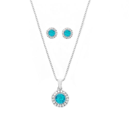 Set van ketting en oorbellen, versierd met lichtblauwe strass steen