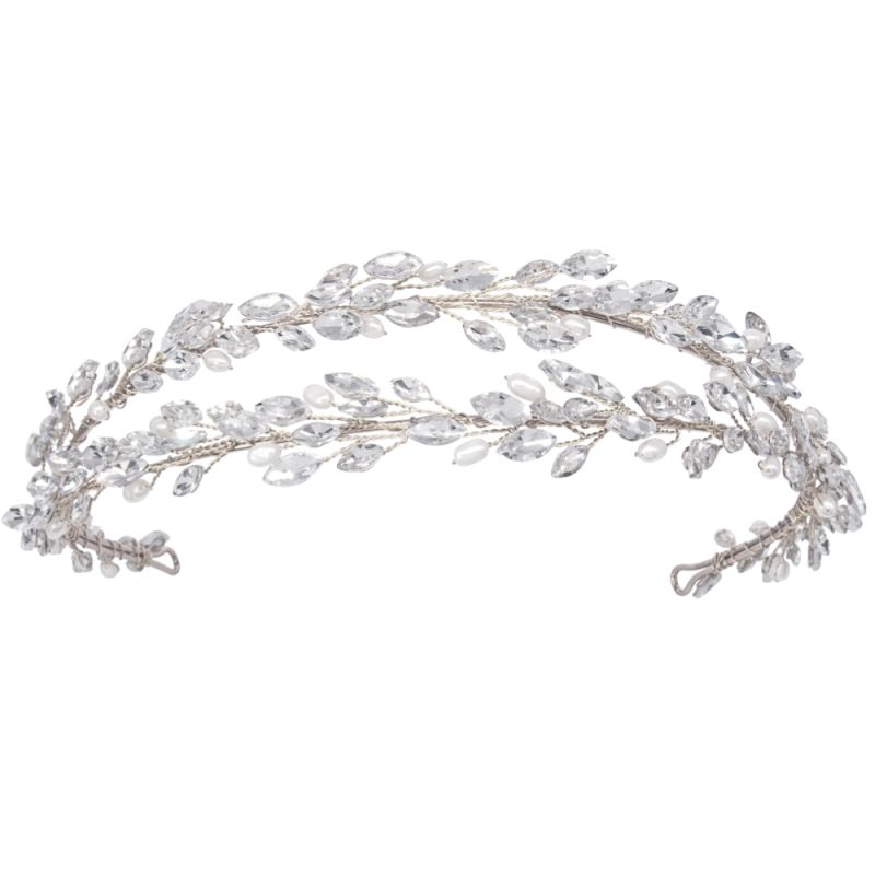 Tiara met dubbele rij marquise glaskristallen en parels