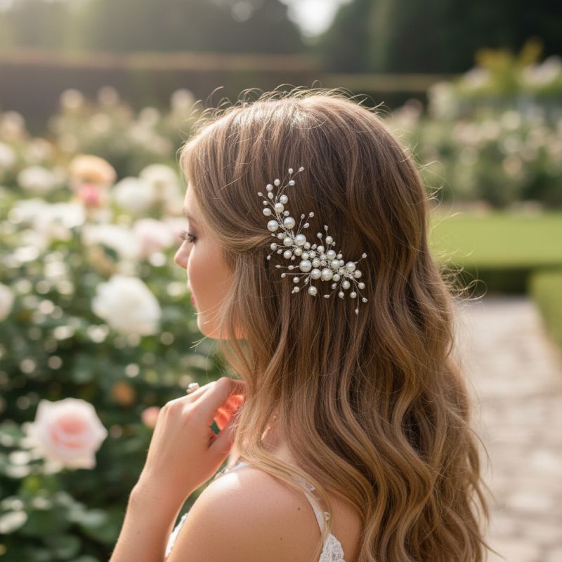 Bruidsclip met parels voor in het haar, gedragen door een model