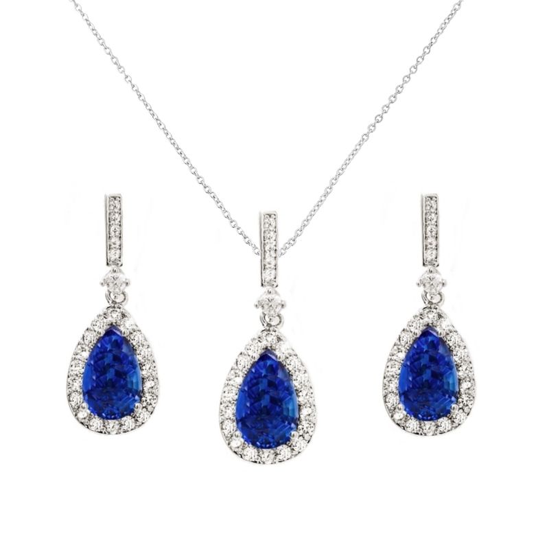 Sieraden set van ketting en oorbellen met nachtblauwe zirkonia steen
