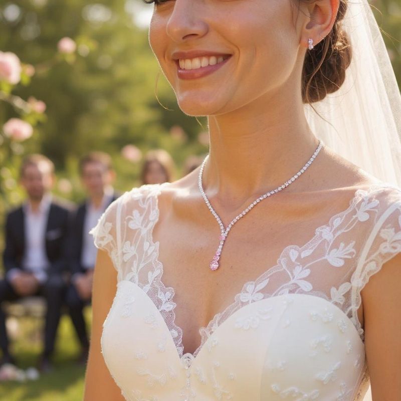 Sieradenset van ketting, oorbellen, armband en ring, met roze accent, gedragen door een bruid
