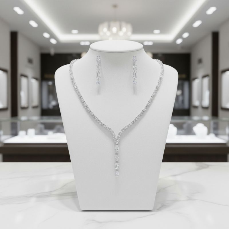 Glamour sieradenset met lange hangers, op een torso display
